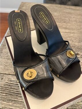 Coach Black Heeled Sandals with Clear Strap and Gold Hardware